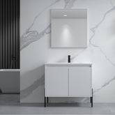 Dowell 36“ Fluted Bathroom Vanity Set – Assembled Cabinet Base with 2 Soft-Close Doors, Shelves & Ceramic/Resin Single Basin, Black/Golden Legs- 002 36 Series